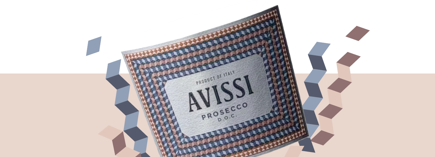 Avissi Prosecco bottle label with mosaic tiles